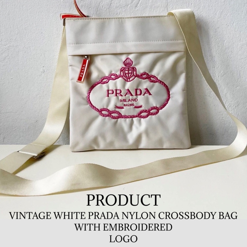 VINTAGE WHITE PRADA NYLON CROSSBODY BAG WITH EMBROIDERED LOGO